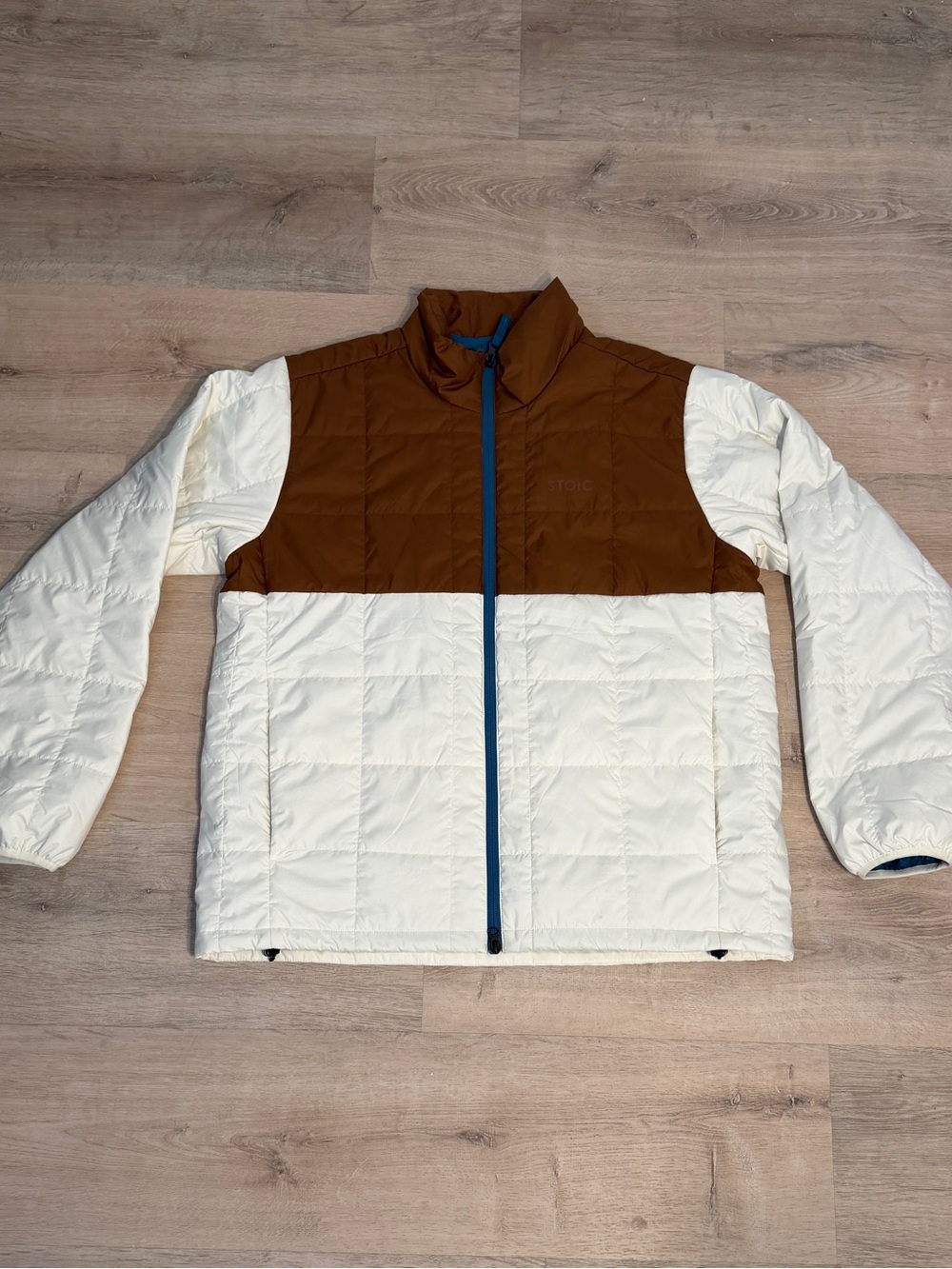 Stoic Mens Colorblock Insulated Puffer Jacket Brown Cream XL